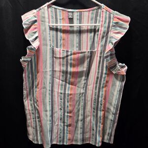 Emery Rose XL Colorful Striped Ruffle Sleeve Square Neck Pocket Blouse Top